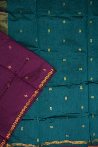 Semi Maheshwari Silk Cotton Saree – Deep Purple & Teal with Zari Buttas