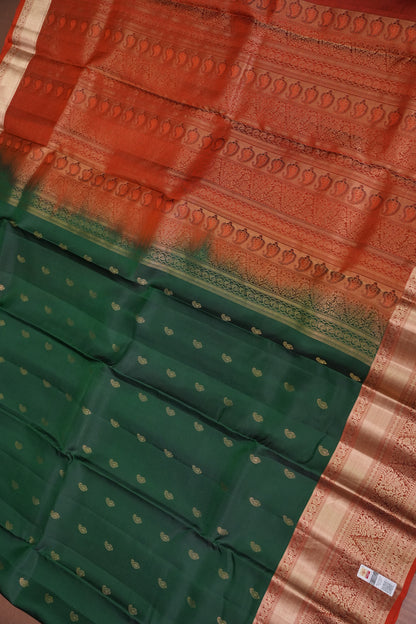Bottle Green & Rust Orange Pure Kanchipuram Silk Saree|Silk Mark Certified