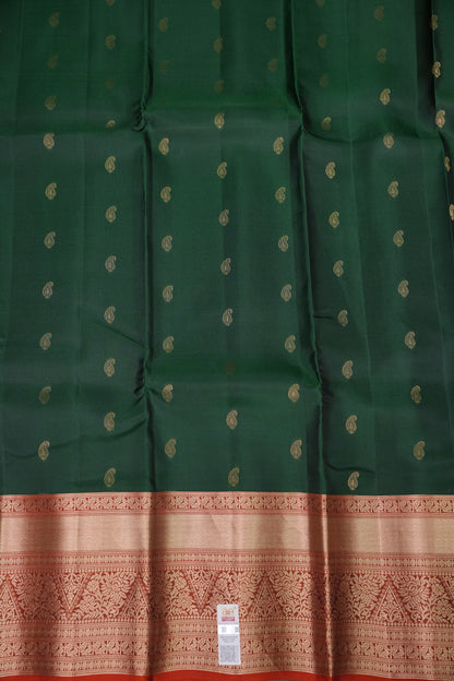 Bottle Green & Rust Orange Pure Kanchipuram Silk Saree|Silk Mark Certified