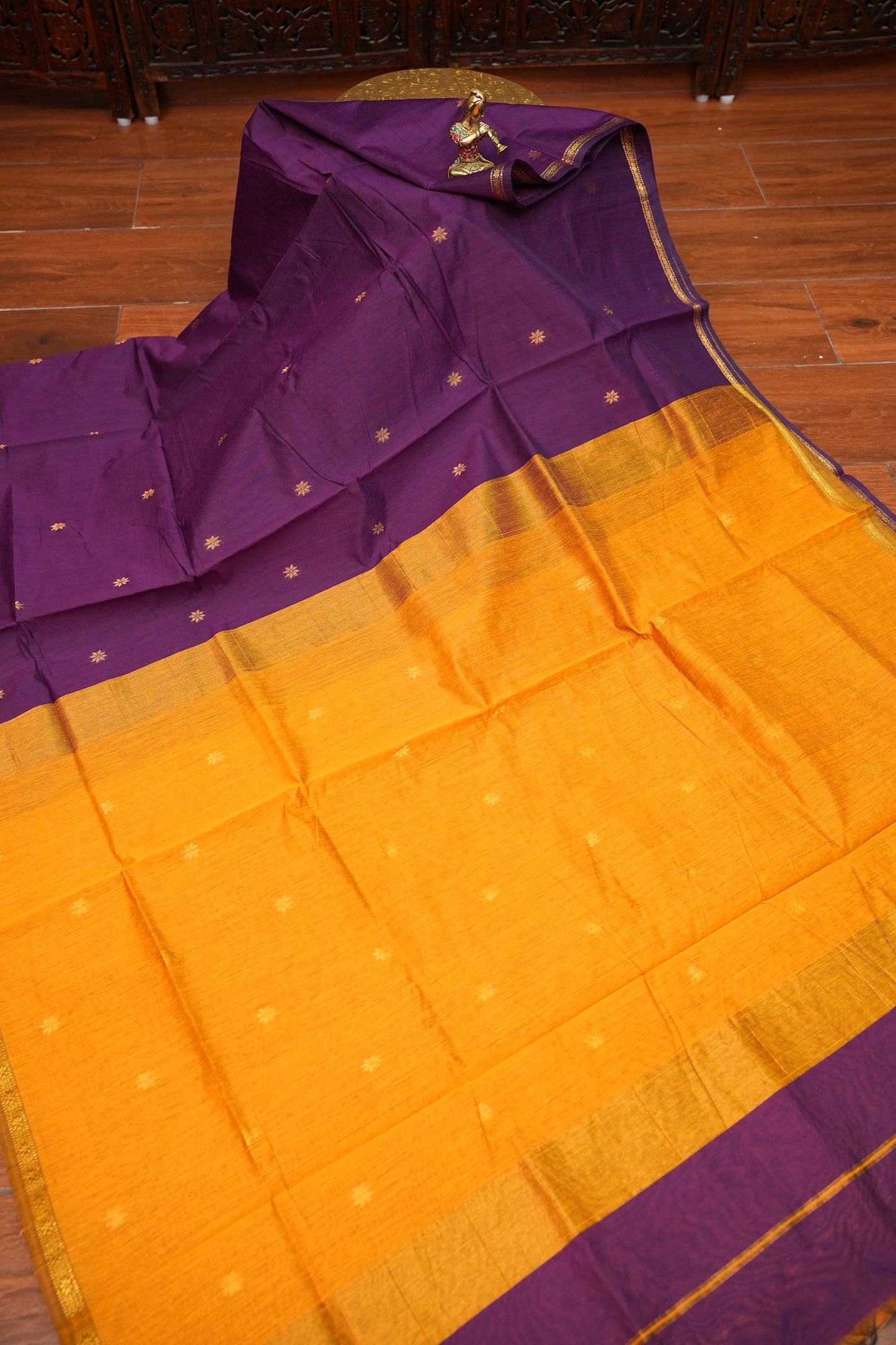 Semi Maheshwari Silk Cotton Saree – Purple & Mustard Yellow with Zari Buttas