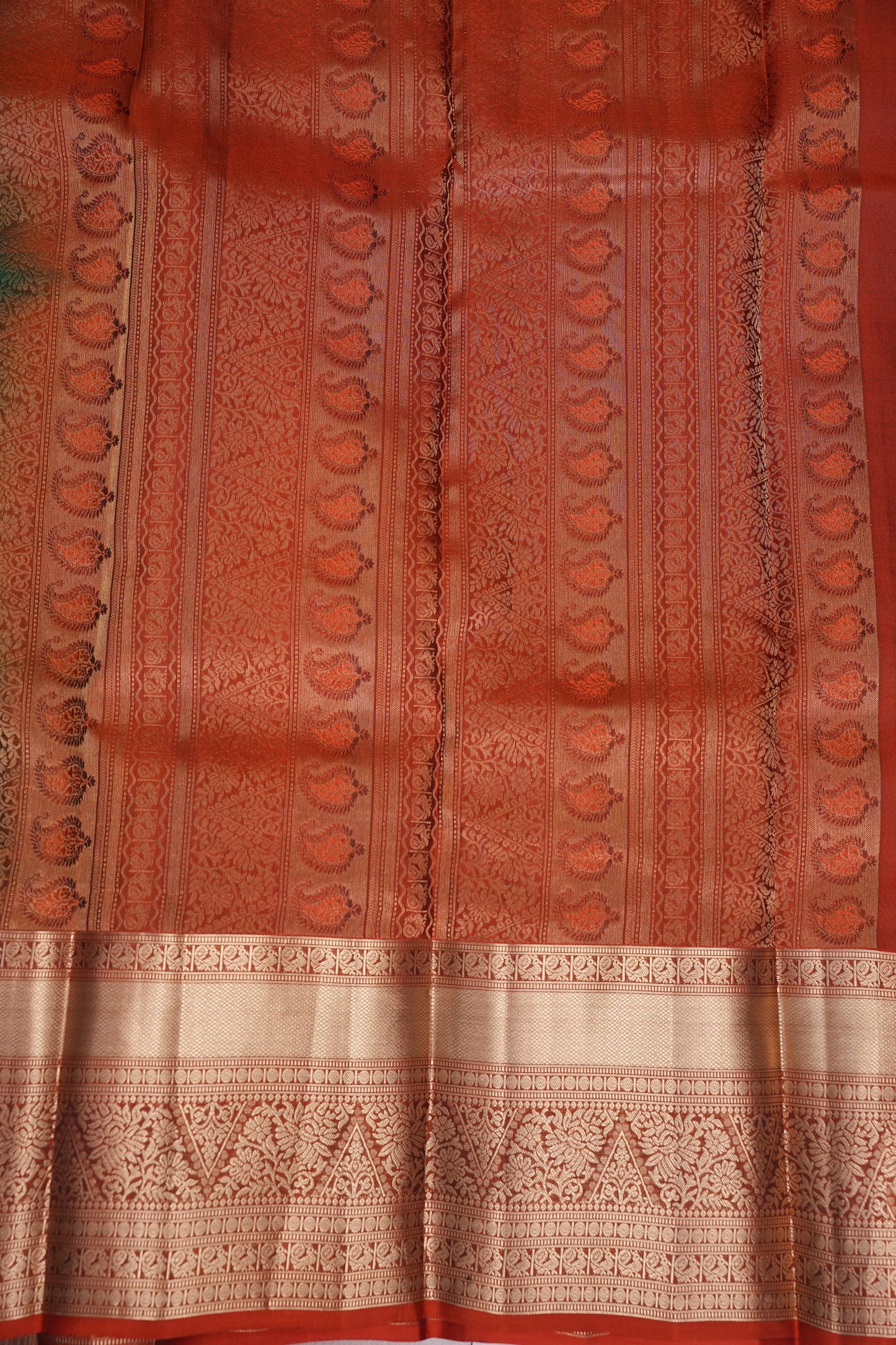Bottle Green & Rust Orange Pure Kanchipuram Silk Saree|Silk Mark Certified