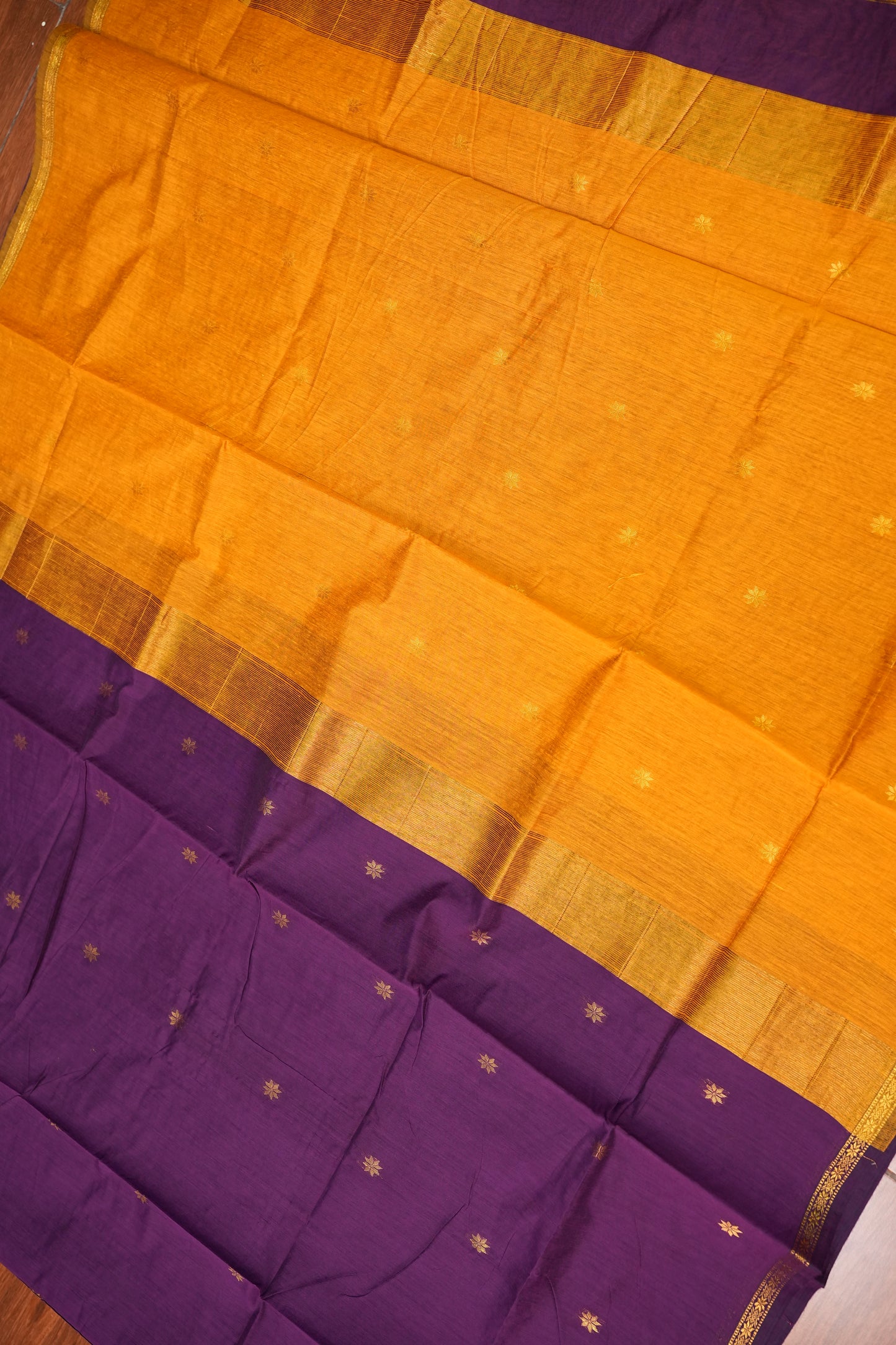 Semi Maheshwari Silk Cotton Saree – Purple & Mustard Yellow with Zari Buttas