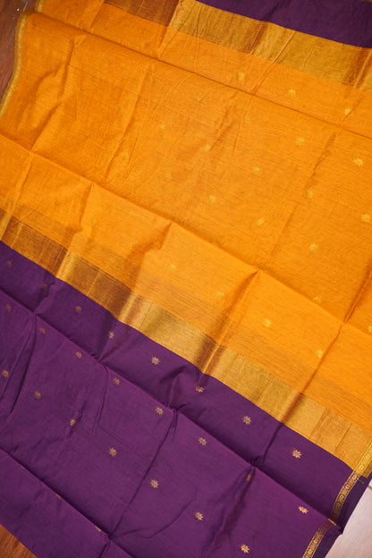 Semi Maheshwari Silk Cotton Saree – Purple & Mustard Yellow with Zari Buttas