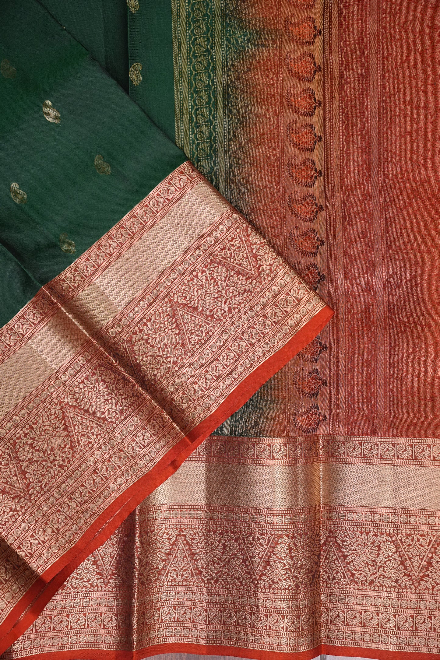 Bottle Green & Rust Orange Pure Kanchipuram Silk Saree|Silk Mark Certified
