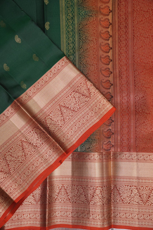 Pure Kanchivaram Silk Saree - Bottle Green with Rust Orange