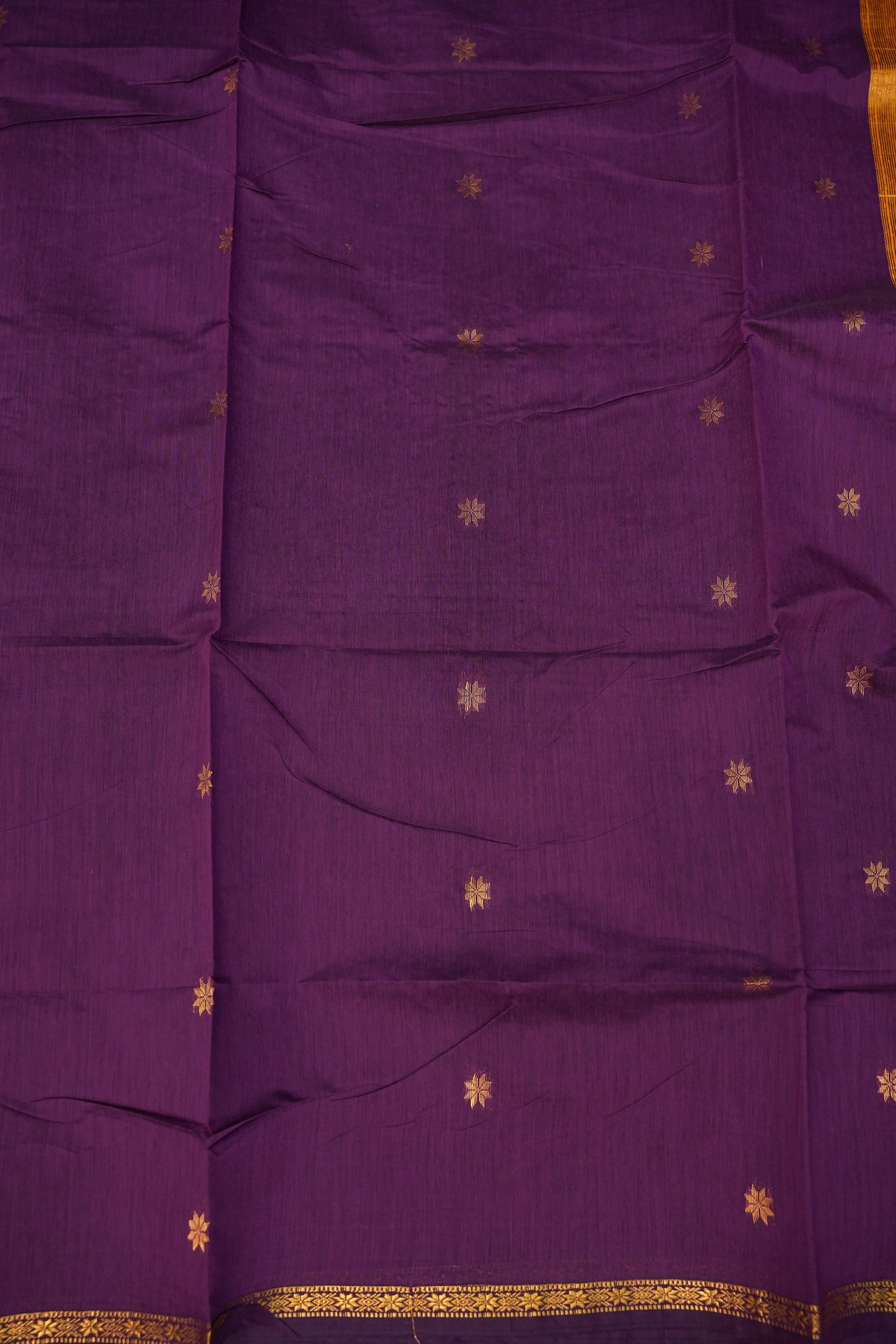 Semi Maheshwari Silk Cotton Saree – Purple & Mustard Yellow with Zari Buttas