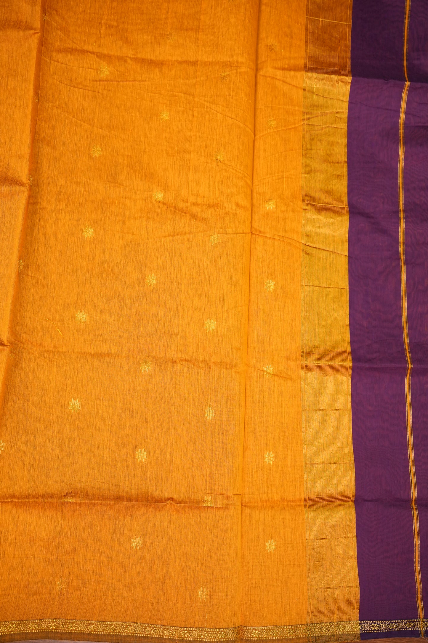 Semi Maheshwari Silk Cotton Saree – Purple & Mustard Yellow with Zari Buttas