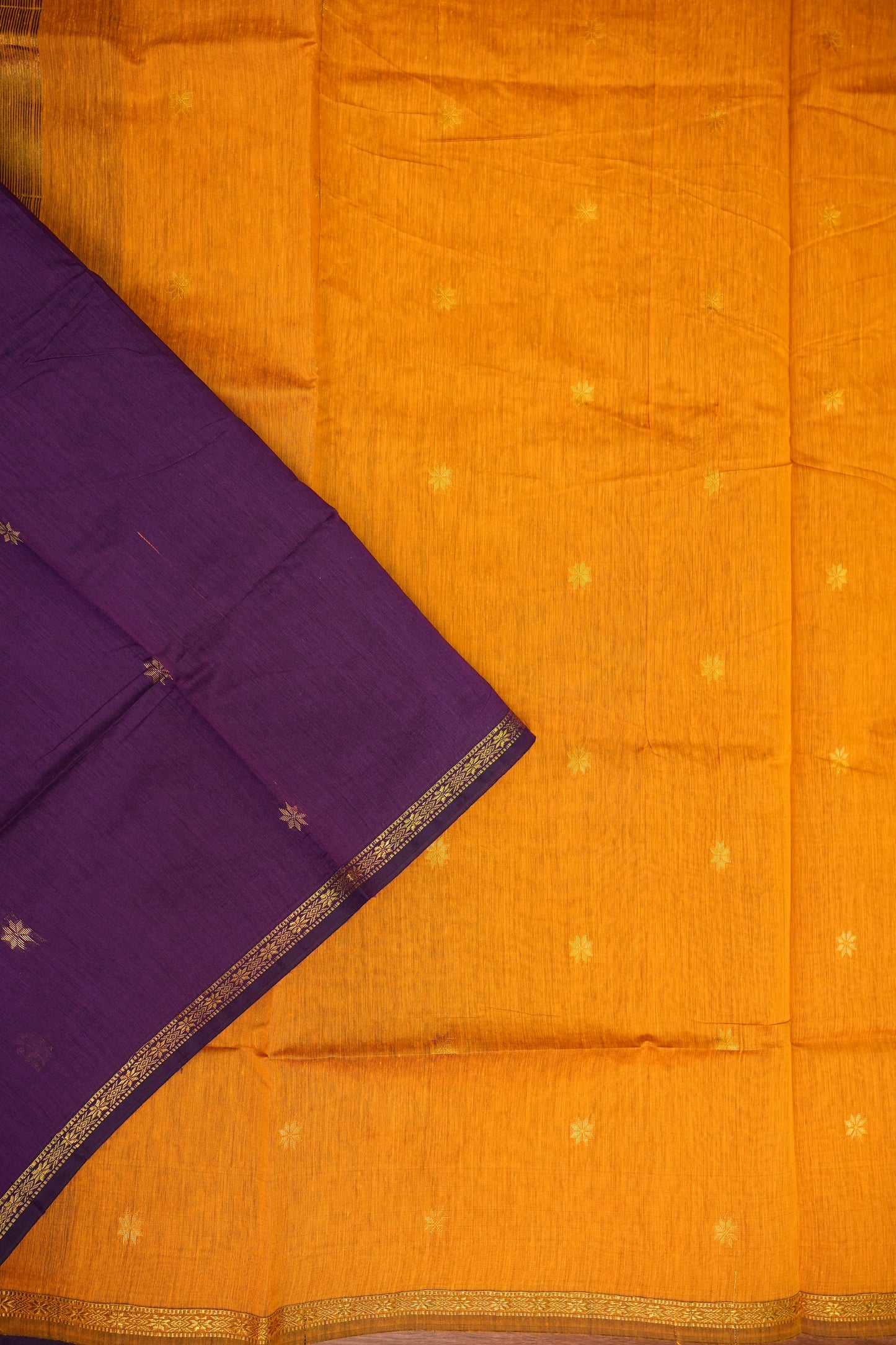Semi Maheshwari Silk Cotton Saree – Purple & Mustard Yellow with Zari Buttas