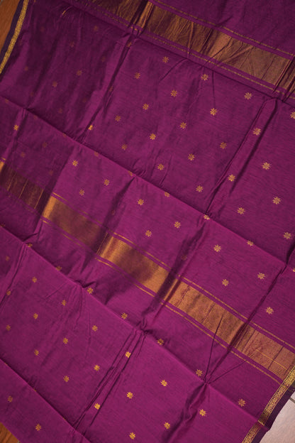 Semi Maheshwari Silk Cotton Saree  – Magenta Purple with Zari Buttas