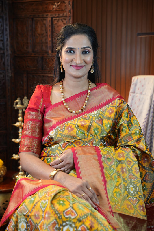 Mustard Yellow Pochampally Ikkat Silk Saree with Red Tissue Border