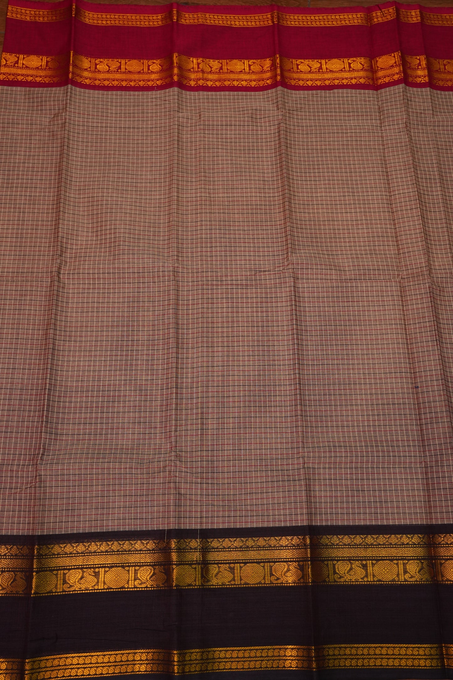 Pure Kanchi Cotton Saree with Traditional Zari Border – Beige & Maroon