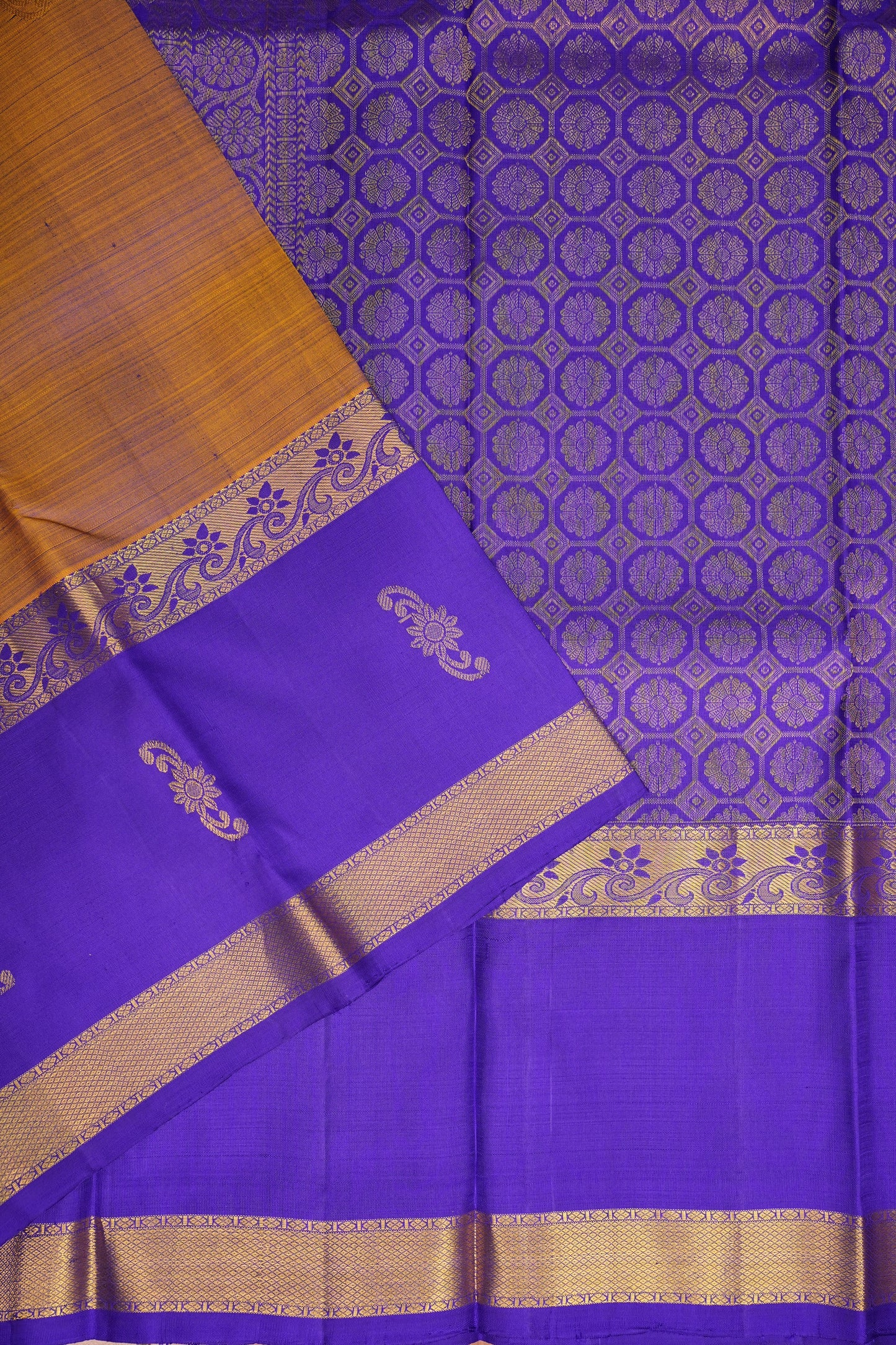 Mustard & Purple Pure Kanchipuram Silk Saree|Silk Mark Certified