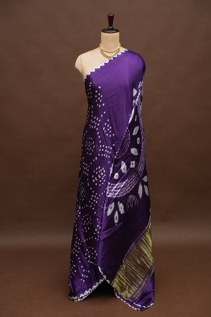 Pure Gajji Silk Bandhani Saree – Royal Purple with Spiral Bandhej Pallu & Gold Tissue Border