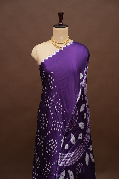 Pure Gajji Silk Bandhani Saree – Royal Purple with Spiral Bandhej Pallu & Gold Tissue Border