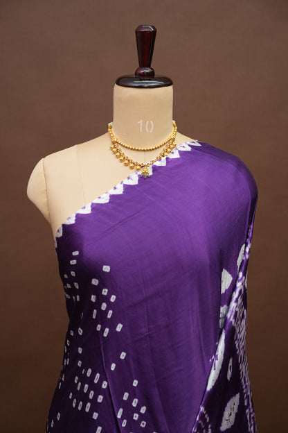 Pure Gajji Silk Bandhani Saree – Royal Purple with Spiral Bandhej Pallu & Gold Tissue Border