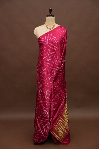 Pure Gajji Silk Bandhani Saree – Rani Pink with Traditional Bandhej Motifs & Gold Tissue Pallu
