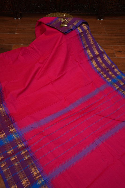 Pure Kanchi Cotton Saree with Traditional Zari Border – Rani Pink & Purple