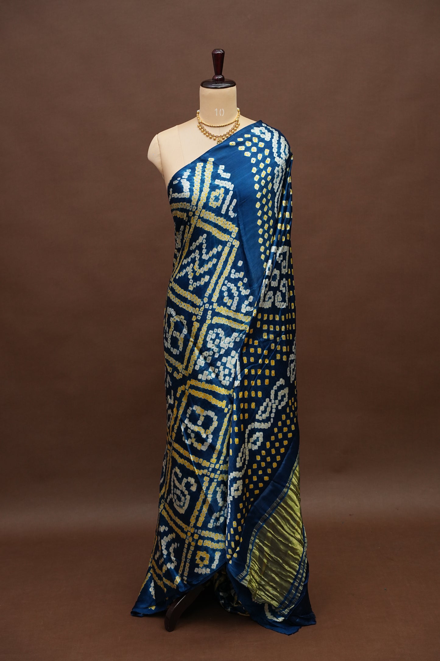 Pure Gajji Silk Bandhani Saree – Peacock blue with Traditional Bandhej Motifs & Gold Pallu