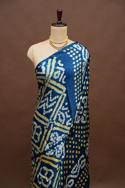 Pure Gajji Silk Bandhani Saree – Peacock blue with Traditional Bandhej Motifs & Gold Pallu