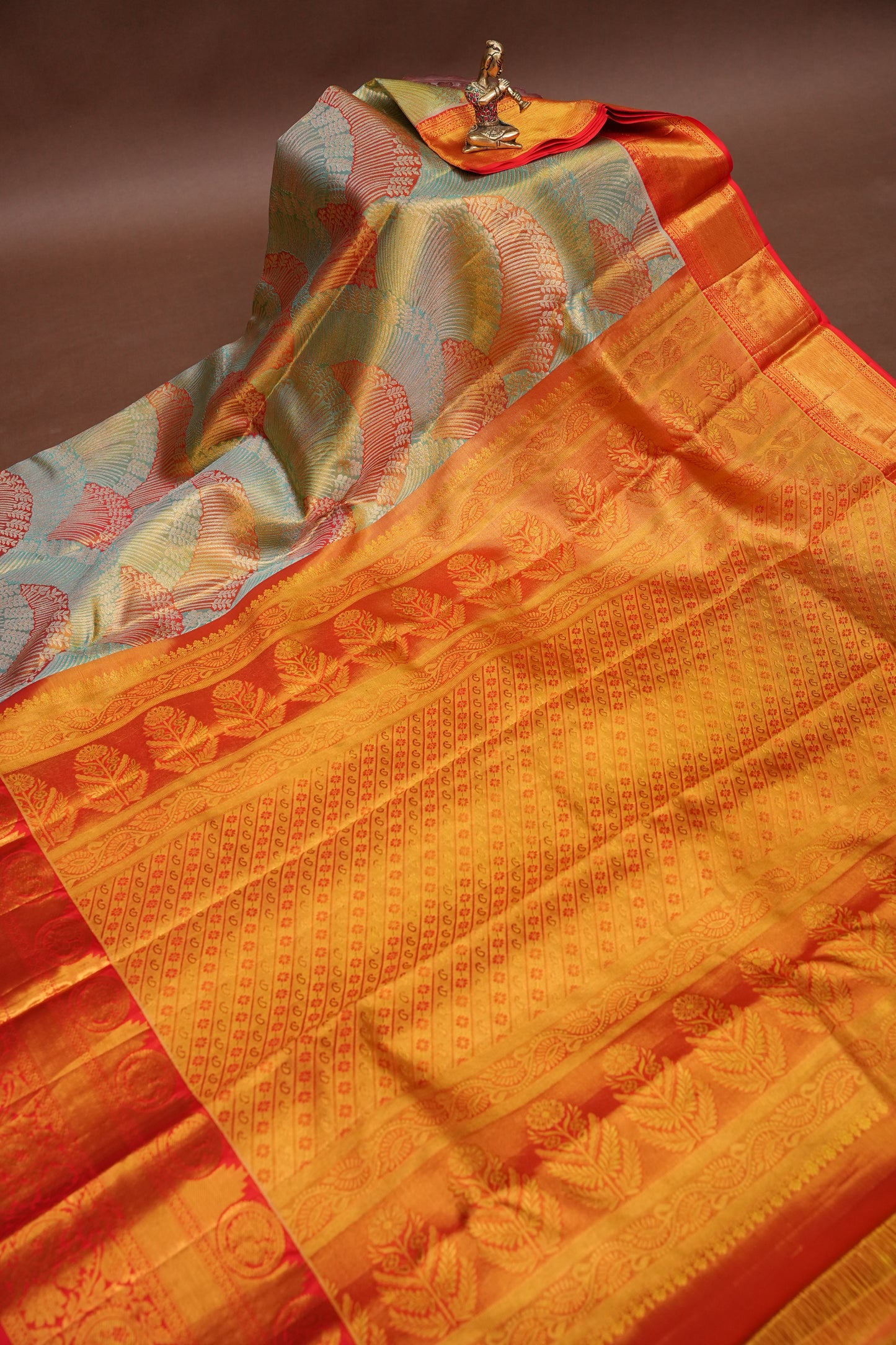 Sea Green & Vermilion Red Pure Tissue Kanchipuram Silk Saree|Silk Mark Certified