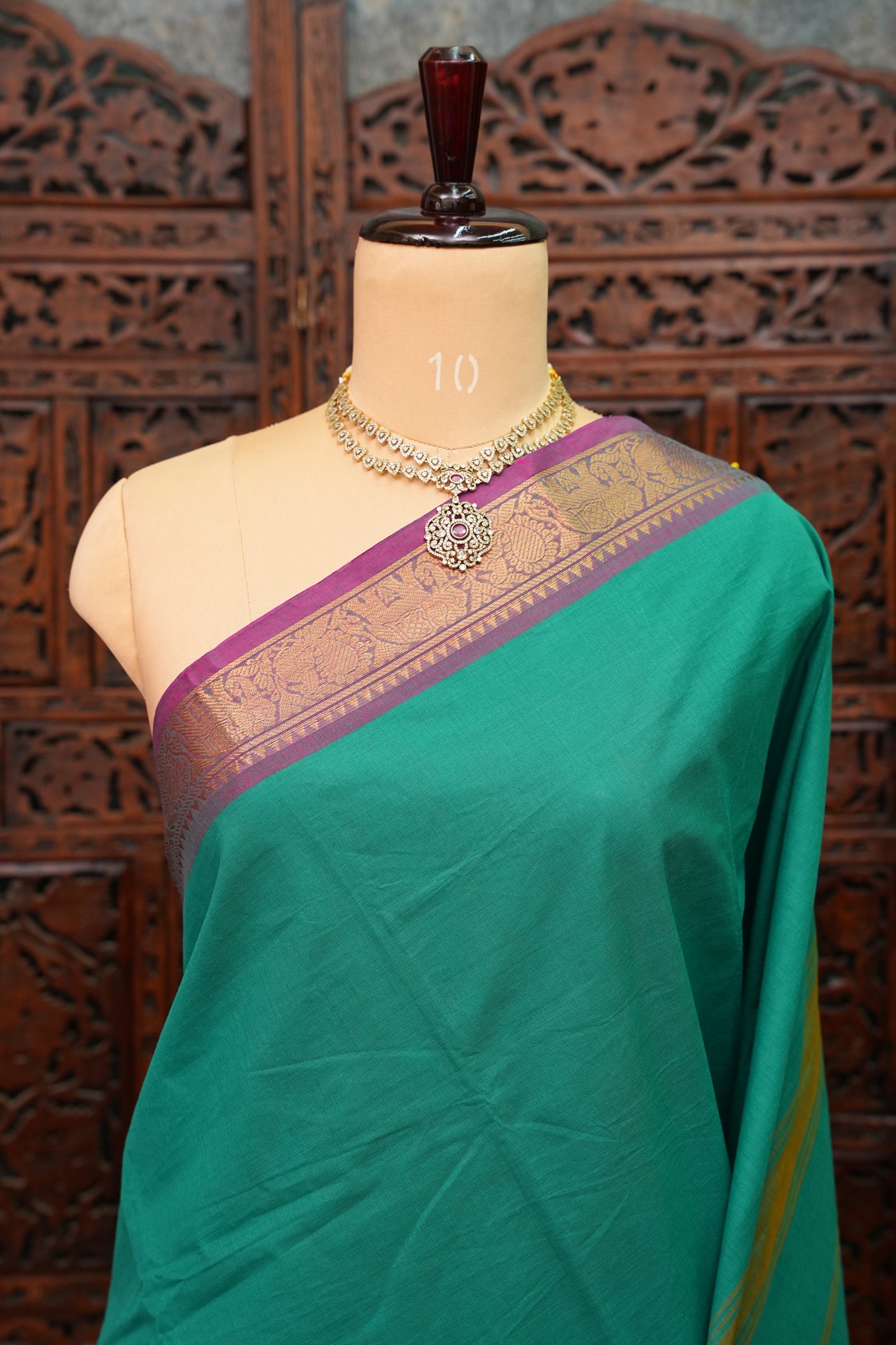 Pure Kanchi Cotton Saree with Traditional Zari Border – Emerald Green & Magenta