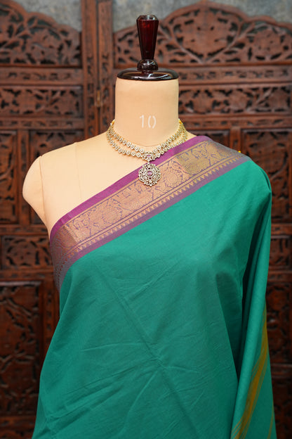 Pure Kanchi Cotton Saree with Traditional Zari Border – Emerald Green & Magenta