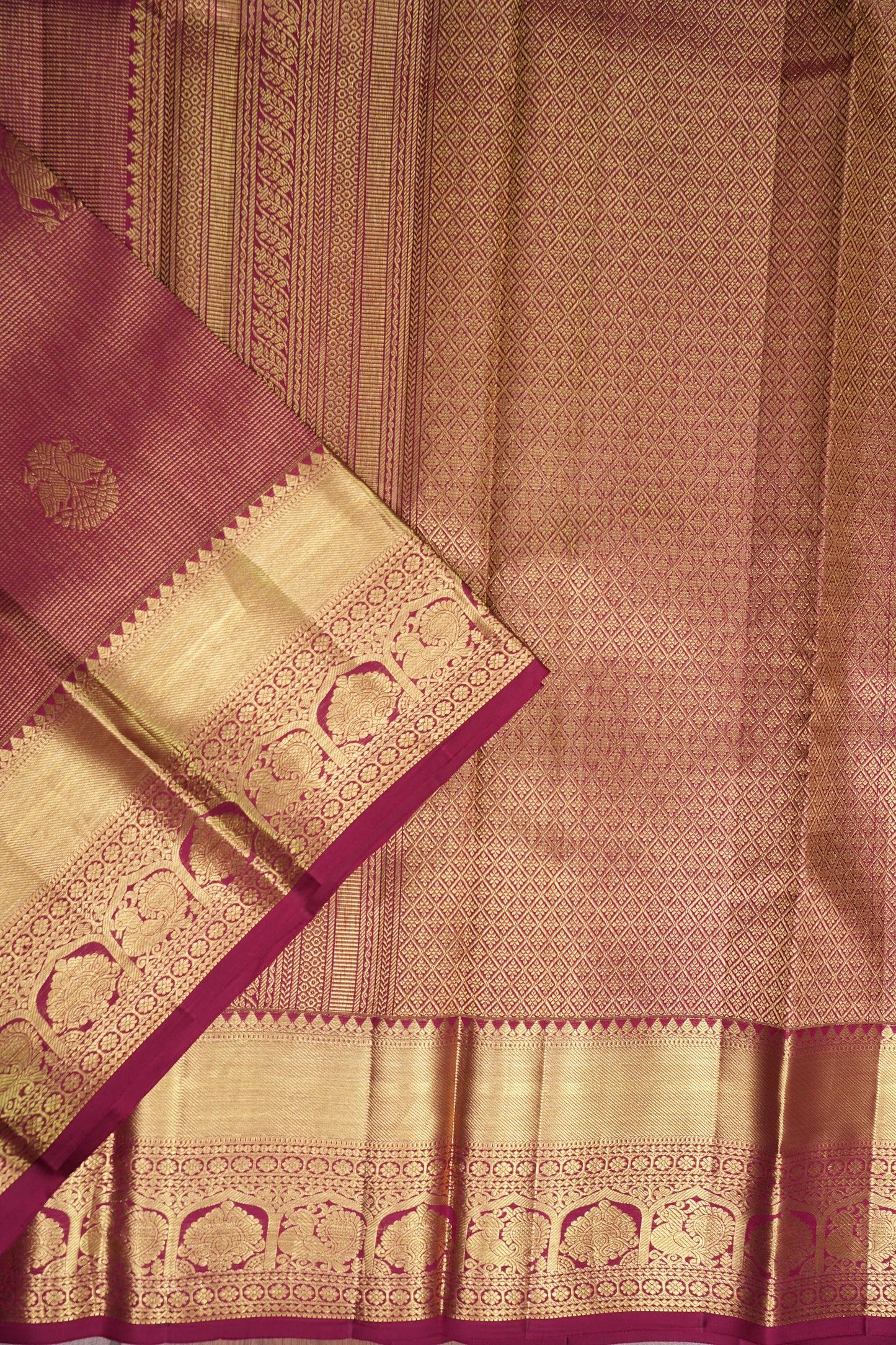 Bridal Deep Magenta & Gold Zari Pure Kanchipuram Silk Saree|Silk Mark Certified