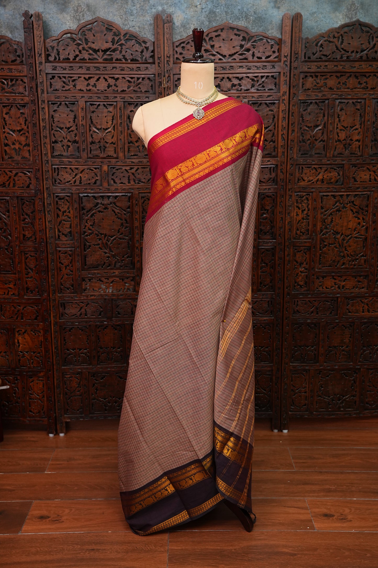 Pure Kanchi Cotton Saree with Traditional Zari Border – Beige & Maroon