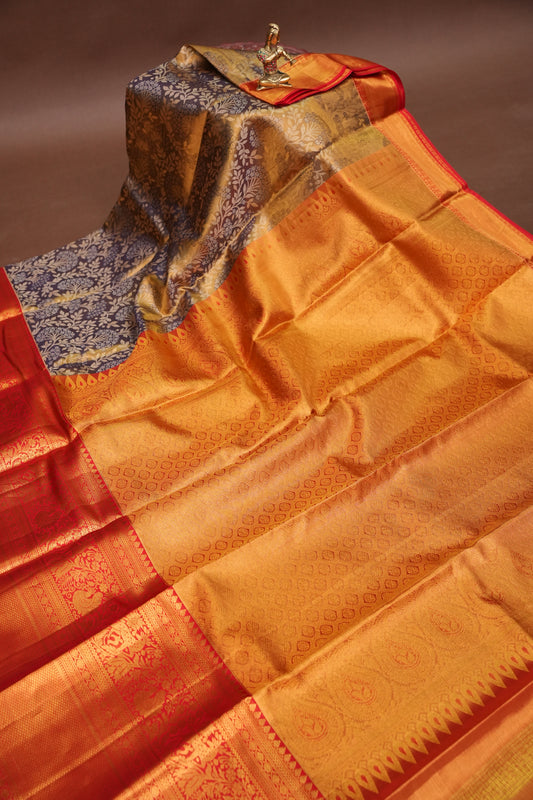 Antique Gold & Vermilion Red Pure Tissue Kanchipuram Silk Saree|Silk Mark Certified