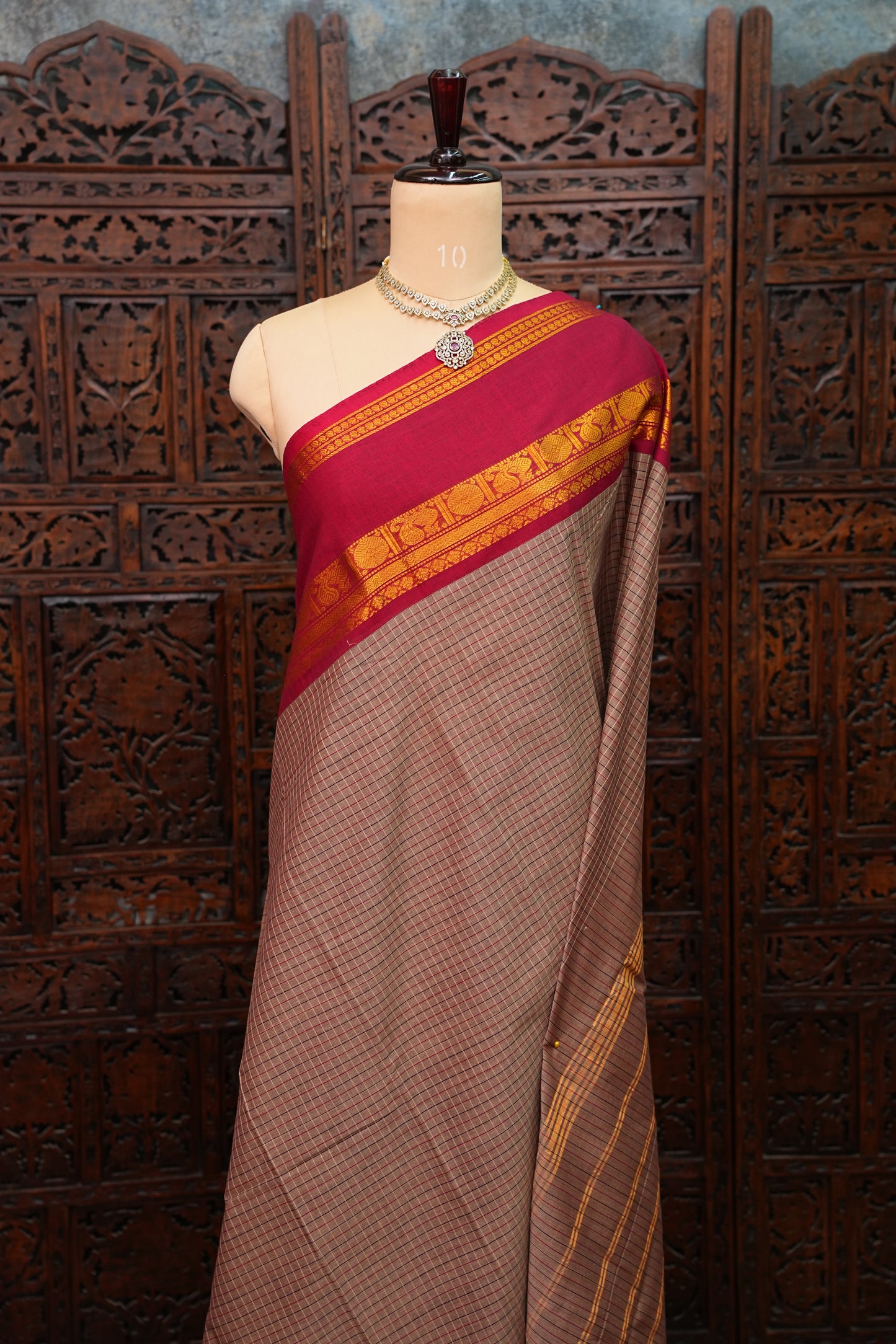 Pure Kanchi Cotton Saree with Traditional Zari Border – Beige & Maroon