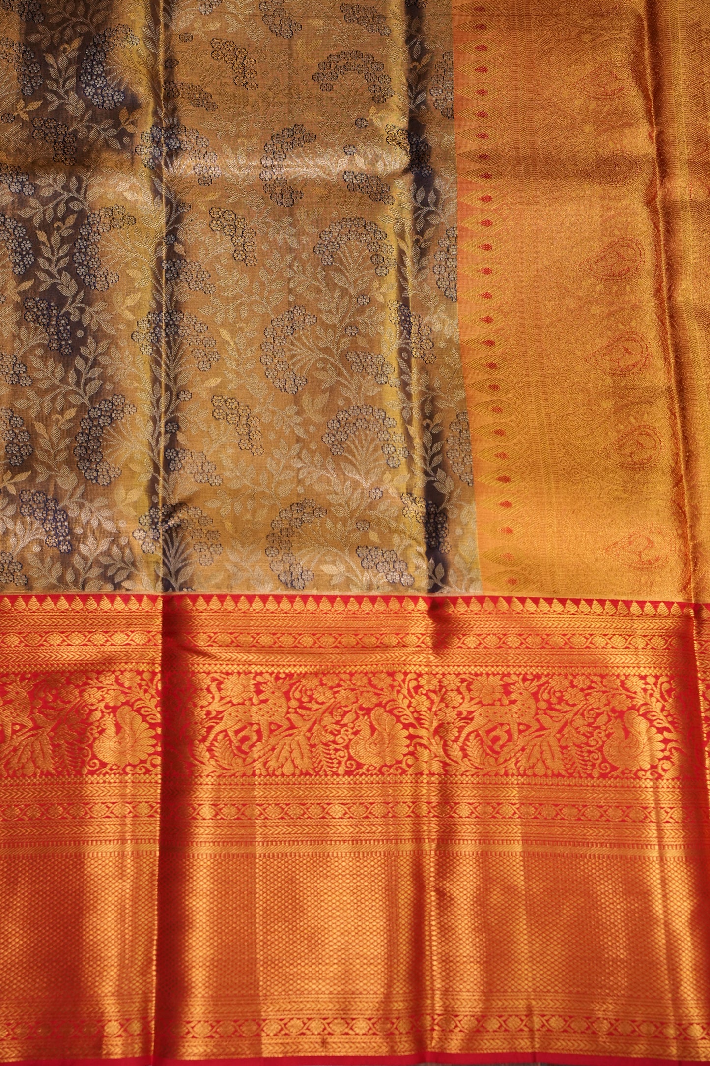 Antique Gold & Vermilion Red Pure Tissue Kanchipuram Silk Saree|Silk Mark Certified