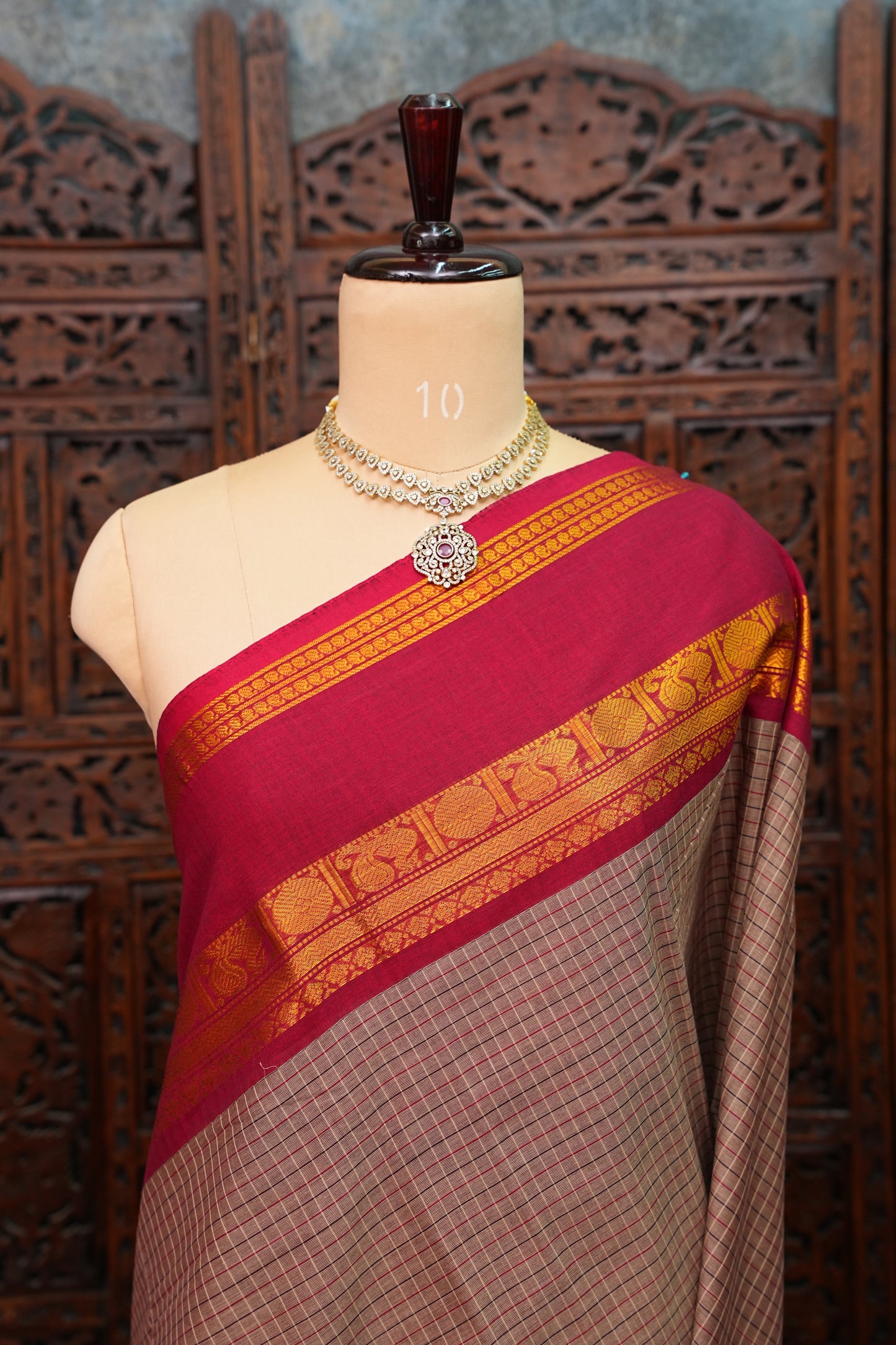 Pure Kanchi Cotton Saree with Traditional Zari Border – Beige & Maroon
