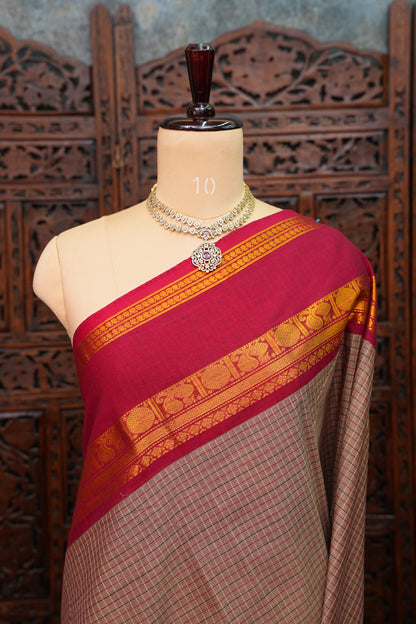 Pure Kanchi Cotton Saree with Traditional Zari Border – Beige & Maroon
