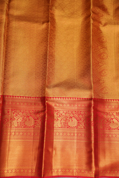 Antique Gold & Vermilion Red Pure Tissue Kanchipuram Silk Saree|Silk Mark Certified