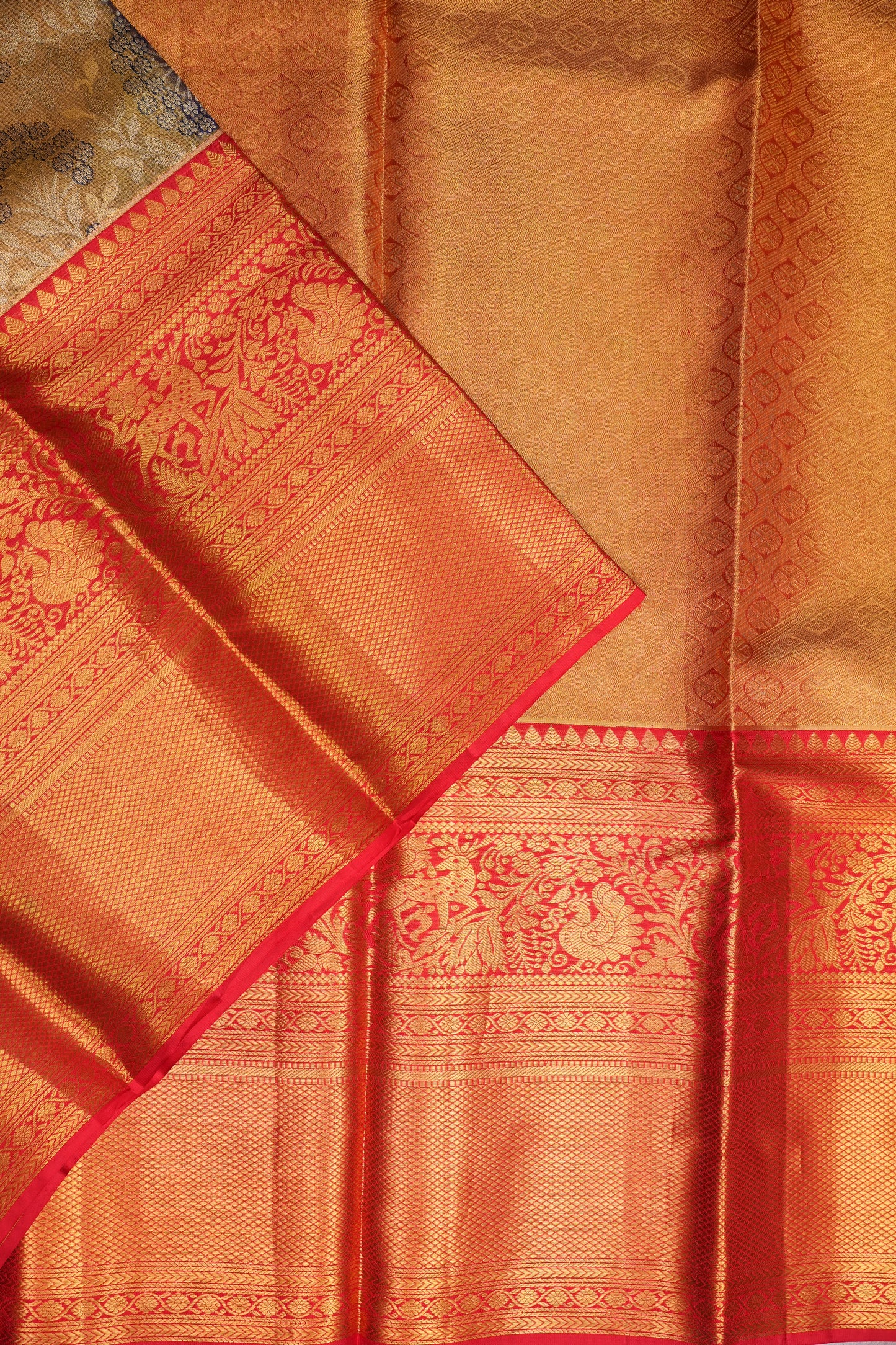 Antique Gold & Vermilion Red Pure Tissue Kanchipuram Silk Saree|Silk Mark Certified
