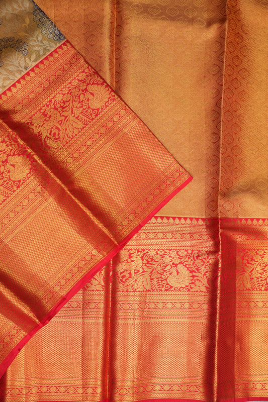 Antique Gold & Vermilion Red Pure Tissue Kanchipuram Silk Saree|Silk Mark Certified