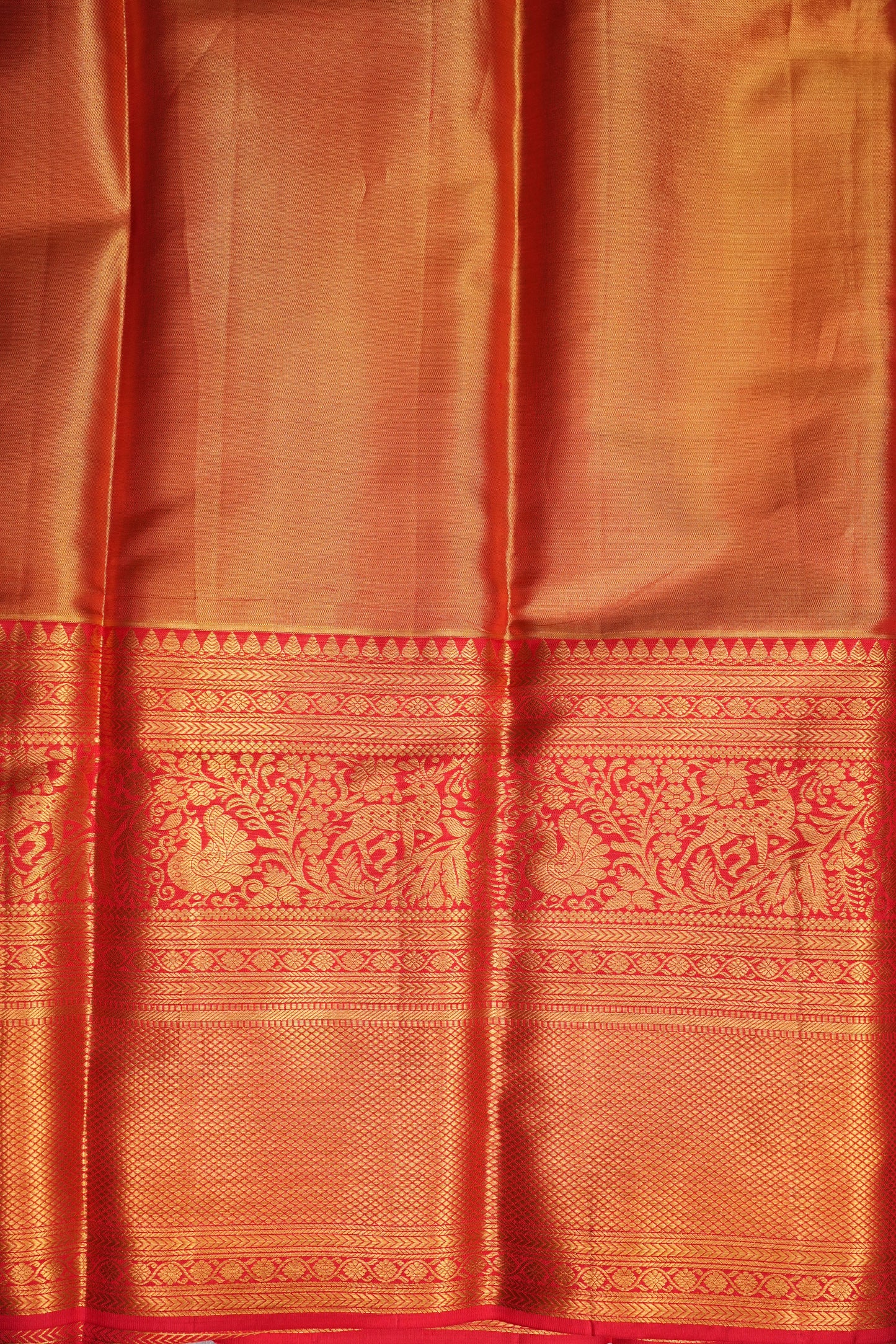 Antique Gold & Vermilion Red Pure Tissue Kanchipuram Silk Saree|Silk Mark Certified