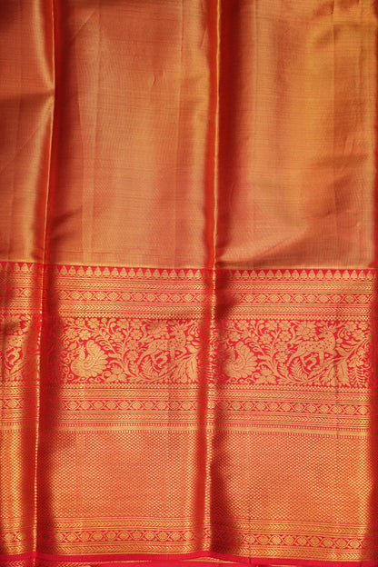 Antique Gold & Vermilion Red Pure Tissue Kanchipuram Silk Saree|Silk Mark Certified