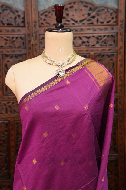 Semi Maheshwari Silk Cotton Saree  – Magenta Purple with Zari Buttas