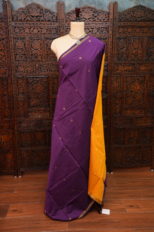 Semi Maheshwari Silk Cotton Saree – Purple & Mustard Yellow with Zari Buttas