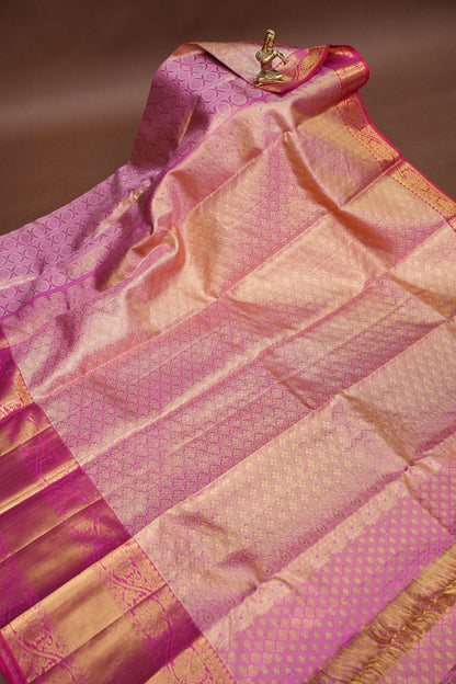 Champagne Gold with Rani Pink Pure Tissue Kanchipuram Silk Saree|Silk Mark Certified