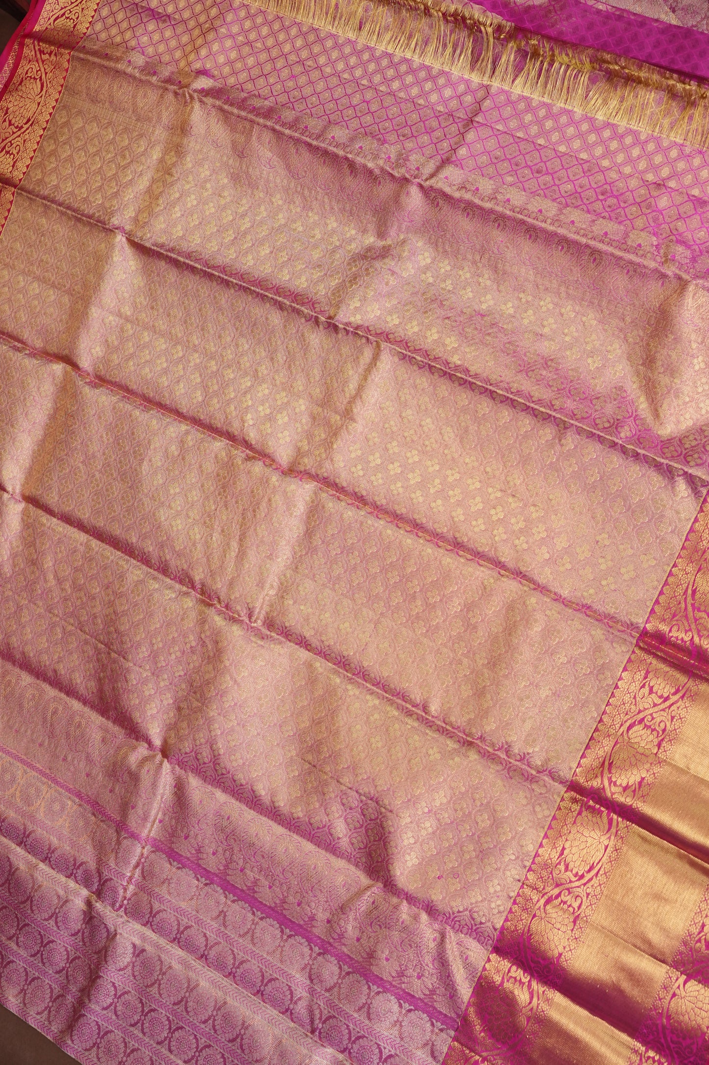 Champagne Gold with Rani Pink Pure Tissue Kanchipuram Silk Saree|Silk Mark Certified