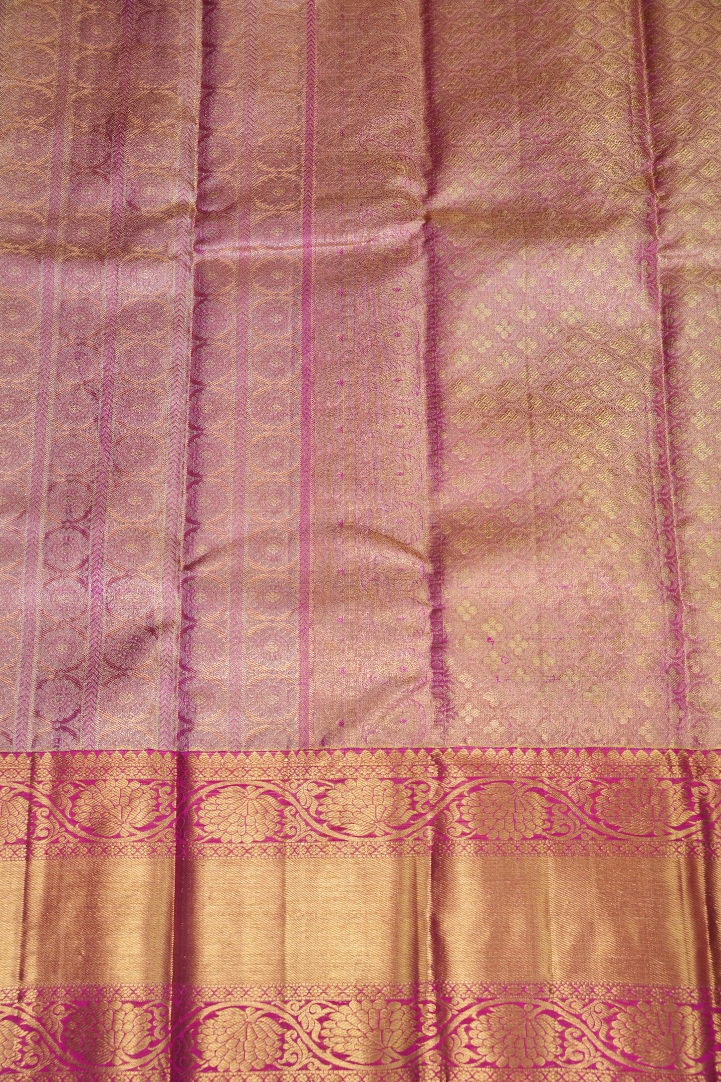 Champagne Gold with Rani Pink Pure Tissue Kanchipuram Silk Saree|Silk Mark Certified