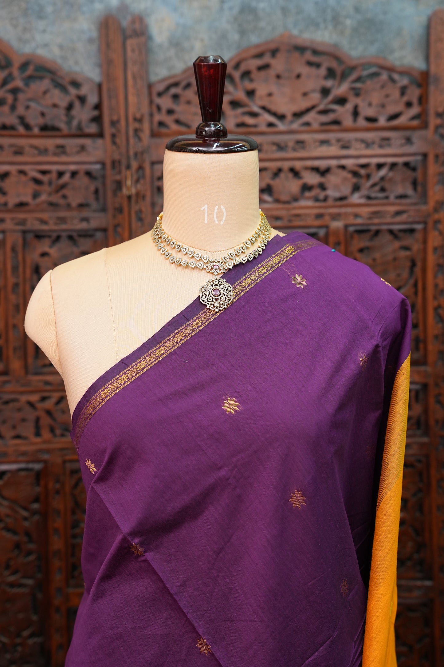 Semi Maheshwari Silk Cotton Saree – Deep Purple with Gold Zari Buttas