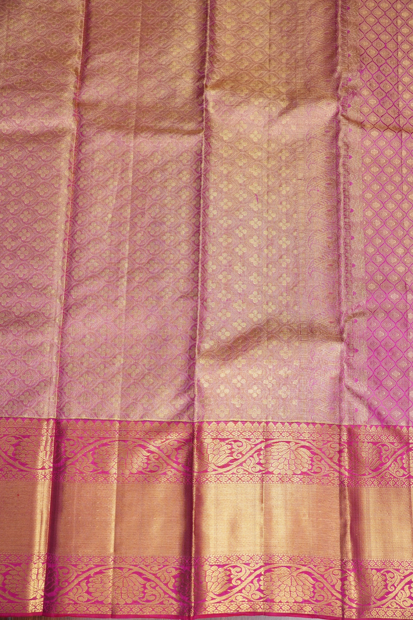 Champagne Gold with Rani Pink Pure Tissue Kanchipuram Silk Saree|Silk Mark Certified