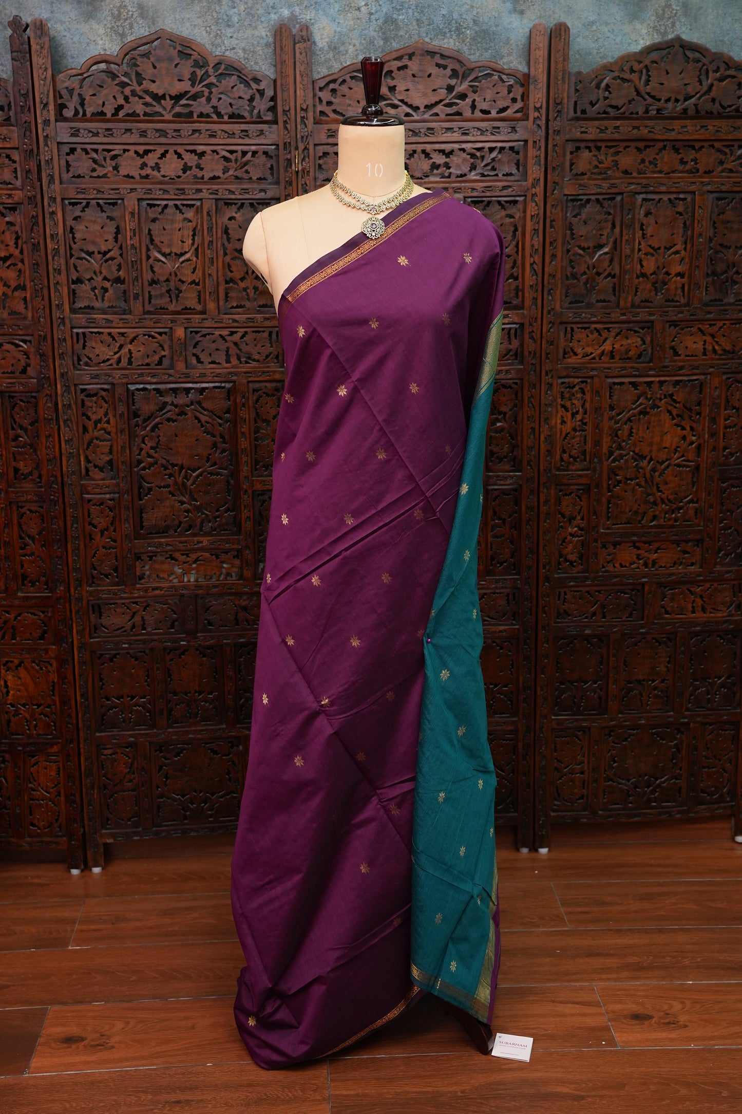 Semi Maheshwari Silk Cotton Saree – Deep Purple & Teal with Zari Buttas