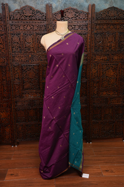 Semi Maheshwari Silk Cotton Saree – Deep Purple & Teal with Zari Buttas