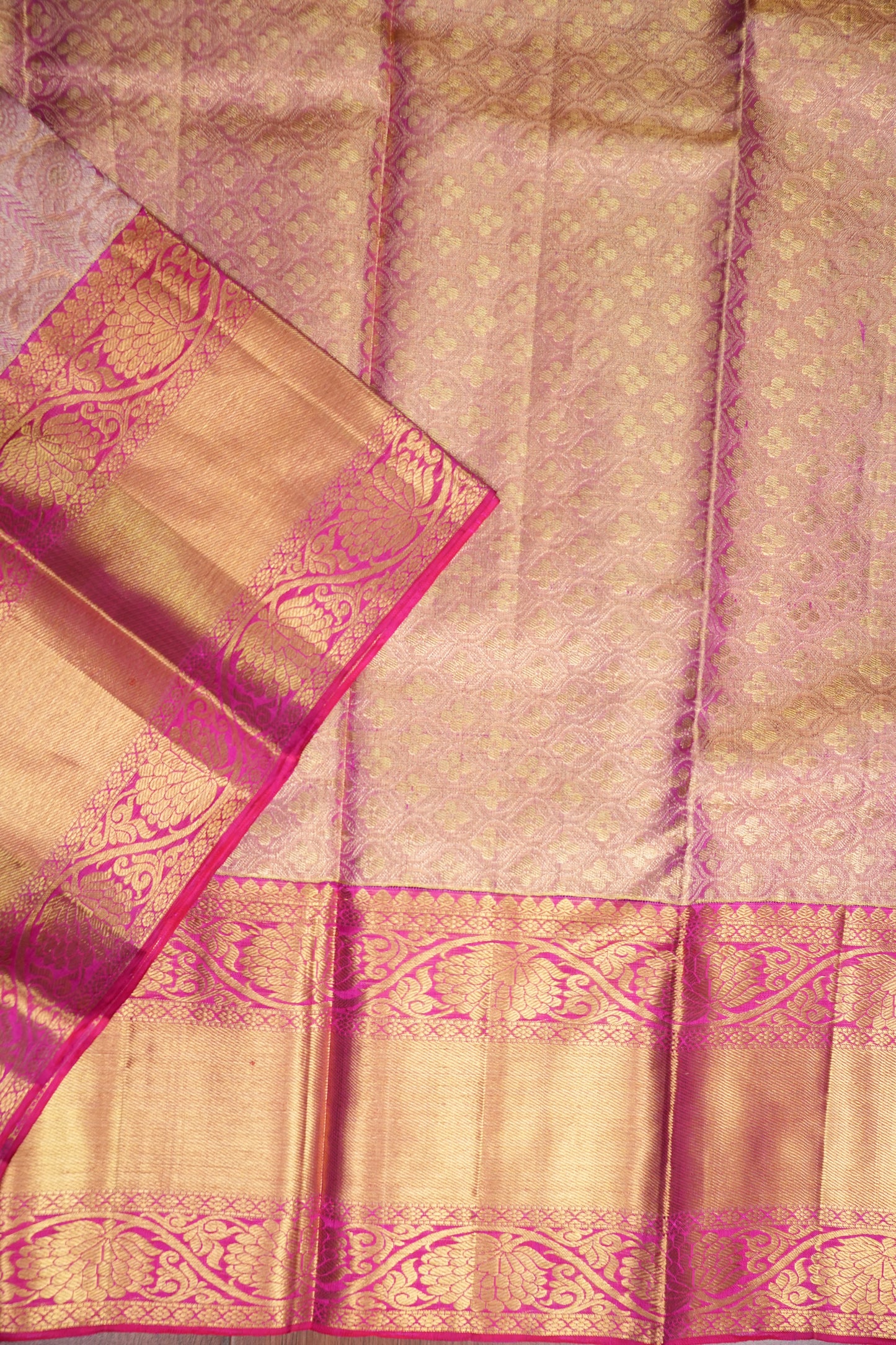 Champagne Gold with Rani Pink Pure Tissue Kanchipuram Silk Saree|Silk Mark Certified