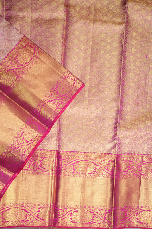 Champagne Gold with Rani Pink Pure Tissue Kanchipuram Silk Saree|Silk Mark Certified