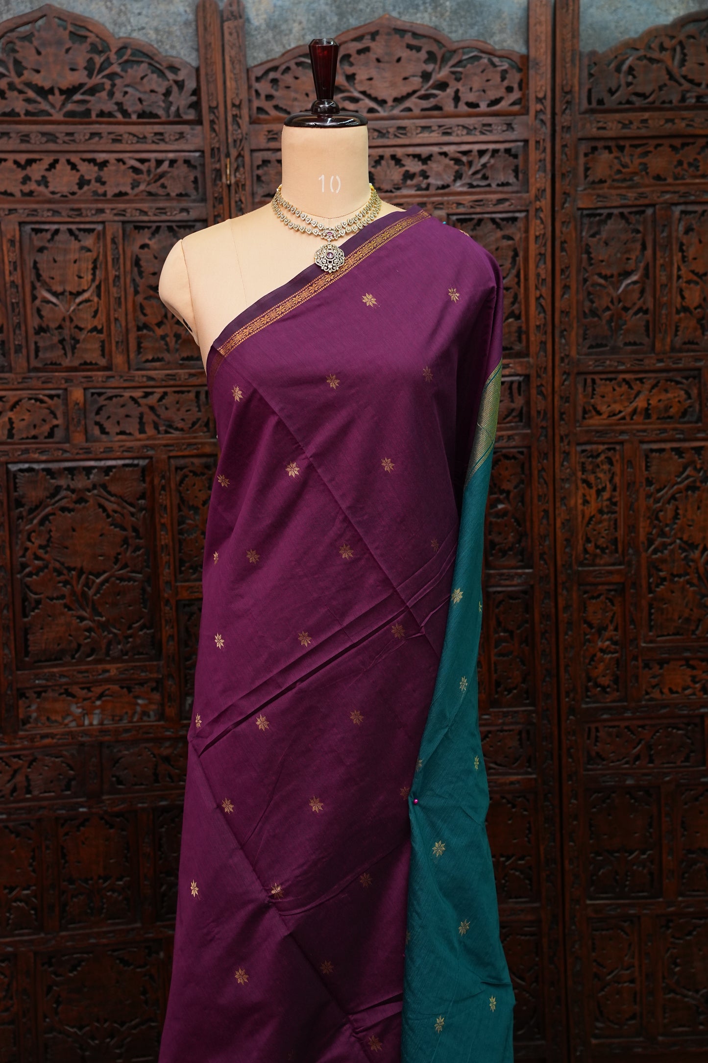 Semi Maheshwari Silk Cotton Saree – Deep Purple & Teal with Zari Buttas